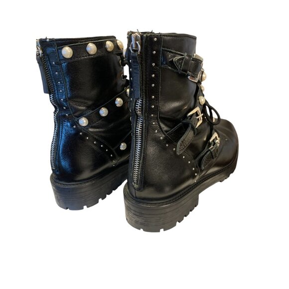 Zara Basics Pearl Studded Lace Up Chunky Boots Size 41 Y2K Goth Steampunk Grunge - Picture 5 of 9